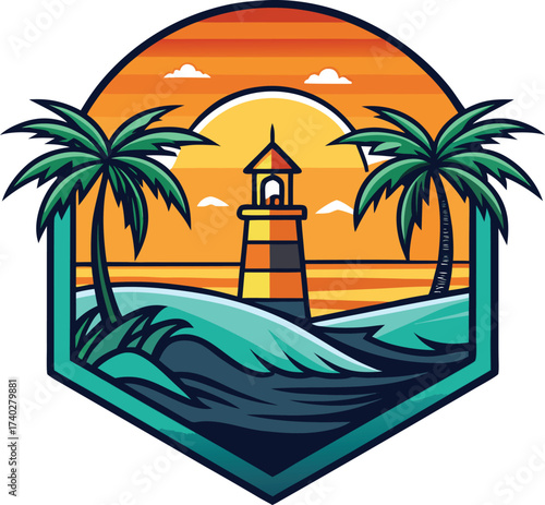 Lighthouse on a tropical island with palm trees and ocean waves lighthouse, tropical