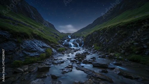 Serene Mountain Stream and Waterfall Under a Starry Night Sky.