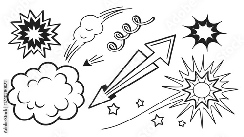 Hand Drawn Comic Style Explosion Effects and Doodle Elements Including Smoke Clouds, Lightning, Starbursts, and Speed Lines on White Background