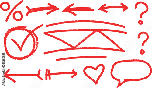 Hand drawn red sketch design elements arrows check marks question marks