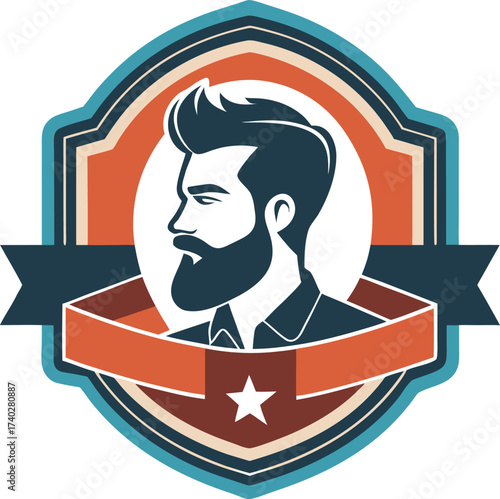 Retro Barber Emblem With Man Profile And Ribbon badge