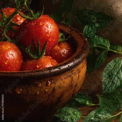 Fresh, vibrant tomatoes in a rustic bowl, glistening with water droplets, surrounded by leaves