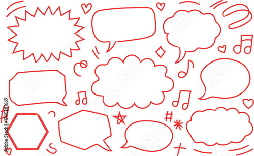 Hand drawn speech bubbles doodles and other elements in red color