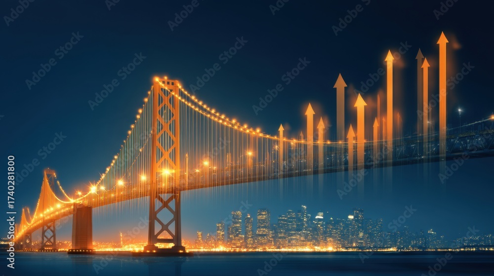 Fototapeta premium Illuminated Bridge Over Water With Urban Skyline and Gradients of Arrows Indicating Growth and Progress During Nighttime