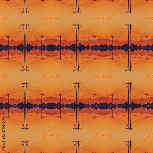 Geometric orange sunset reflection pattern featuring silhouettes of power lines, mirrored symmetry creates an abstract urban landscape.