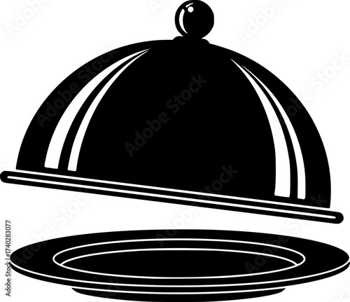 silhouette vector Silver serving cloche raised above empty golden plate, cut out