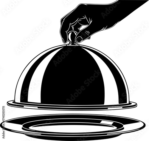 silhouette vector Silver serving cloche raised above empty golden plate, cut out