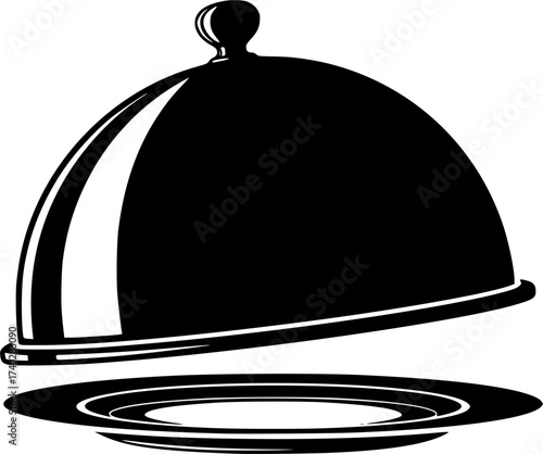 silhouette vector Silver serving cloche raised above empty golden plate, cut out