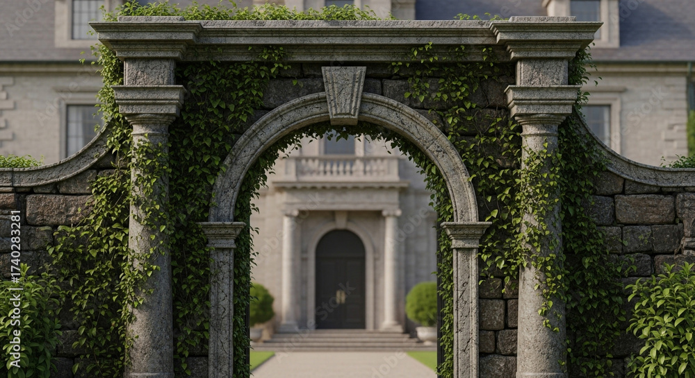 Fototapeta premium Elegant stone archway covered in lush ivy frames a grand estate, perfect for luxury branding, historical settings, or upscale real estate promotions