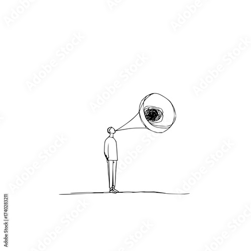 A minimalist sketch of a person with a megaphone connected to their mouth emitting scribbled thoughts