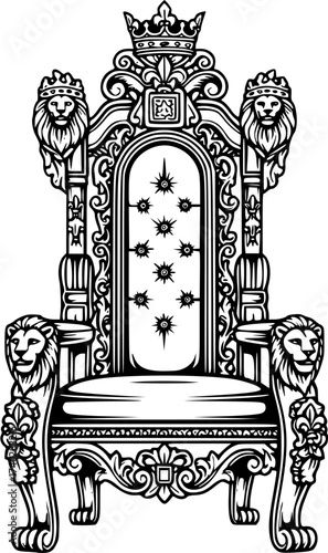 Royal Throne in Black and White: Ornate illustration of a regal throne set on a white background 
