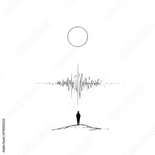 Silhouette of a person standing on a hill under a circle and a sound wave illustration in black and white
