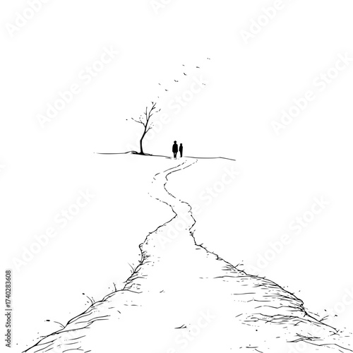 A monochrome illustration of two figures walking along a path towards a bare tree with birds flying above it