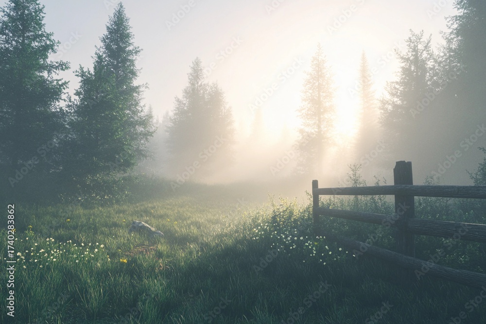 Fototapeta premium Sunrise over misty meadow with gentle sunlight