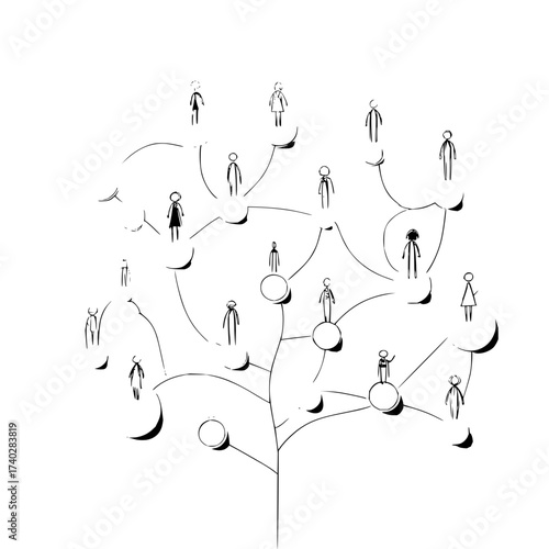 Illustration of a family tree with stick figure people connected by lines on a white background design