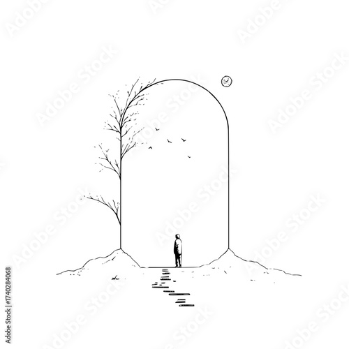 A minimalist illustration of a person standing before an archway with a tree and birds at the top right