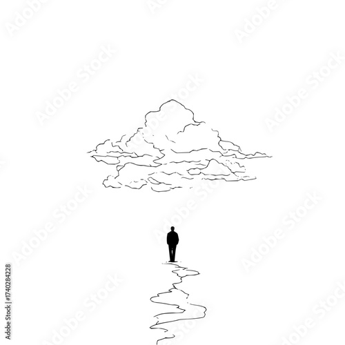A lone figure stands facing a large cloud formation with reflection in a minimalist black and white scene