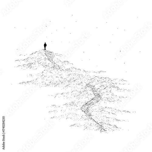 A lone figure stands atop a mountain peak reached by a winding path in a black and white illustration