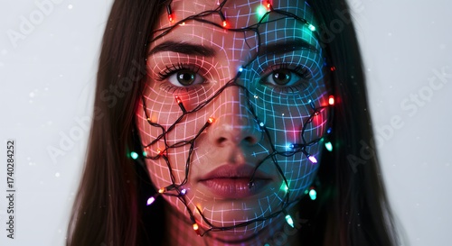 Woman's face illuminated with colorful lights in a futuristic design concept of New Year, Techno-body  