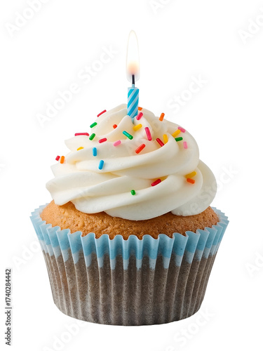 Vanilla cupcake with white frosting and colorful sprinkles and lit candle isolated on a transparent background
