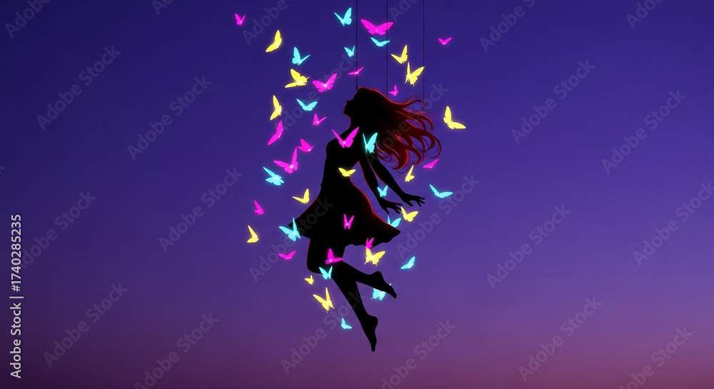 Obraz premium Dreamy silhouette of a woman floating among vibrant neon butterflies against a twilight sky, evoking freedom and wonder.