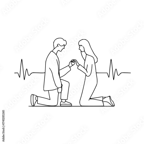 Man proposing to a woman on one knee with an engagement ring next to a heart beat line illustration