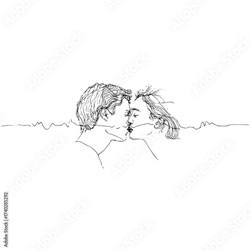 A sketch of a man and a woman kissing with a line drawing connecting them in black and white art style