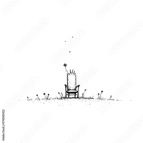 A throne sits amidst a field of grass with flowers and birds flying above in a monochrome art piece
