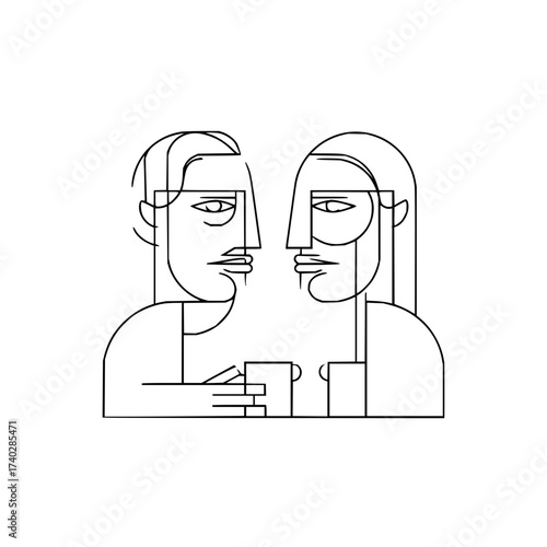 Two stylized figures in conversation with a shared cup rendered in minimalist line art design style