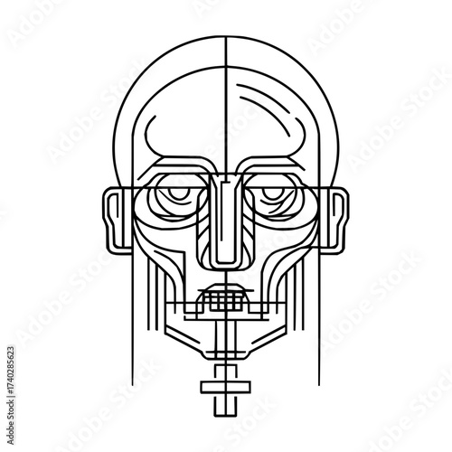 Geometric line art illustration of a stylized human face with elongated features and a minimalist design style