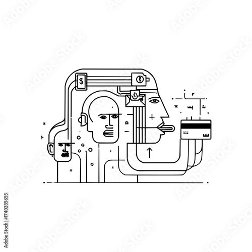 Abstract illustration of interconnected heads with financial and technological elements in black and white