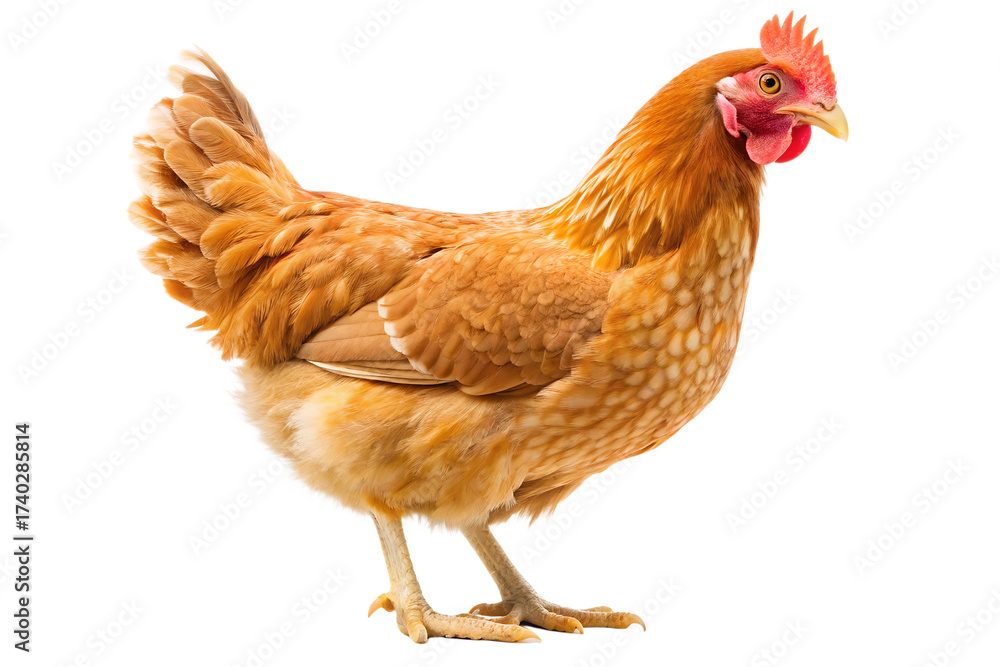 Fototapeta premium Brown hen standing upright isolated on transparent background, showcasing feathers and red comb