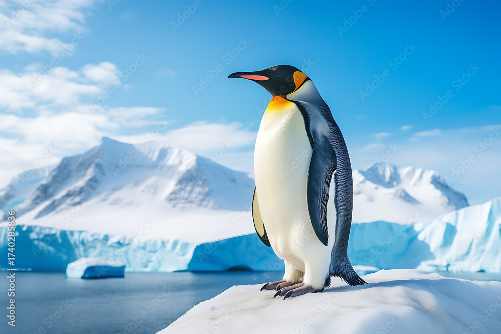 Fototapeta premium A solitary emperor penguin stands majestically on an ice floe, surrounded by breathtaking icy mountains and blue skies