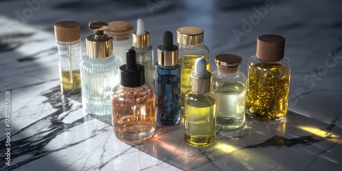 Various glass bottles of liquids, likely skincare or beauty products, displayed on a marble surface, illuminated by sunlight