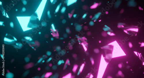 Dynamic abstract explosion of vibrant pink and cyan geometric shards and bokeh lights against a dark background creating energetic futuristic motion