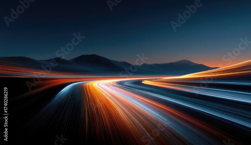 A winding road at night, streaked with motion blur light trails, leading into a mountain range