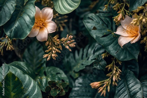 tropical foliage with soft peach flowers and deep green leaves
