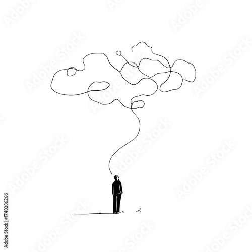 A person standing under a cloud of tangled lines representing complex thoughts and mental processes depicted