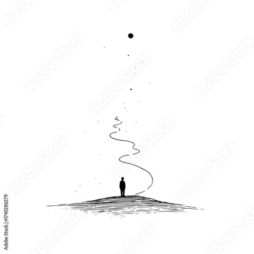 A lone figure stands atop a hill beneath a celestial orb connected by a winding ethereal line of dots
