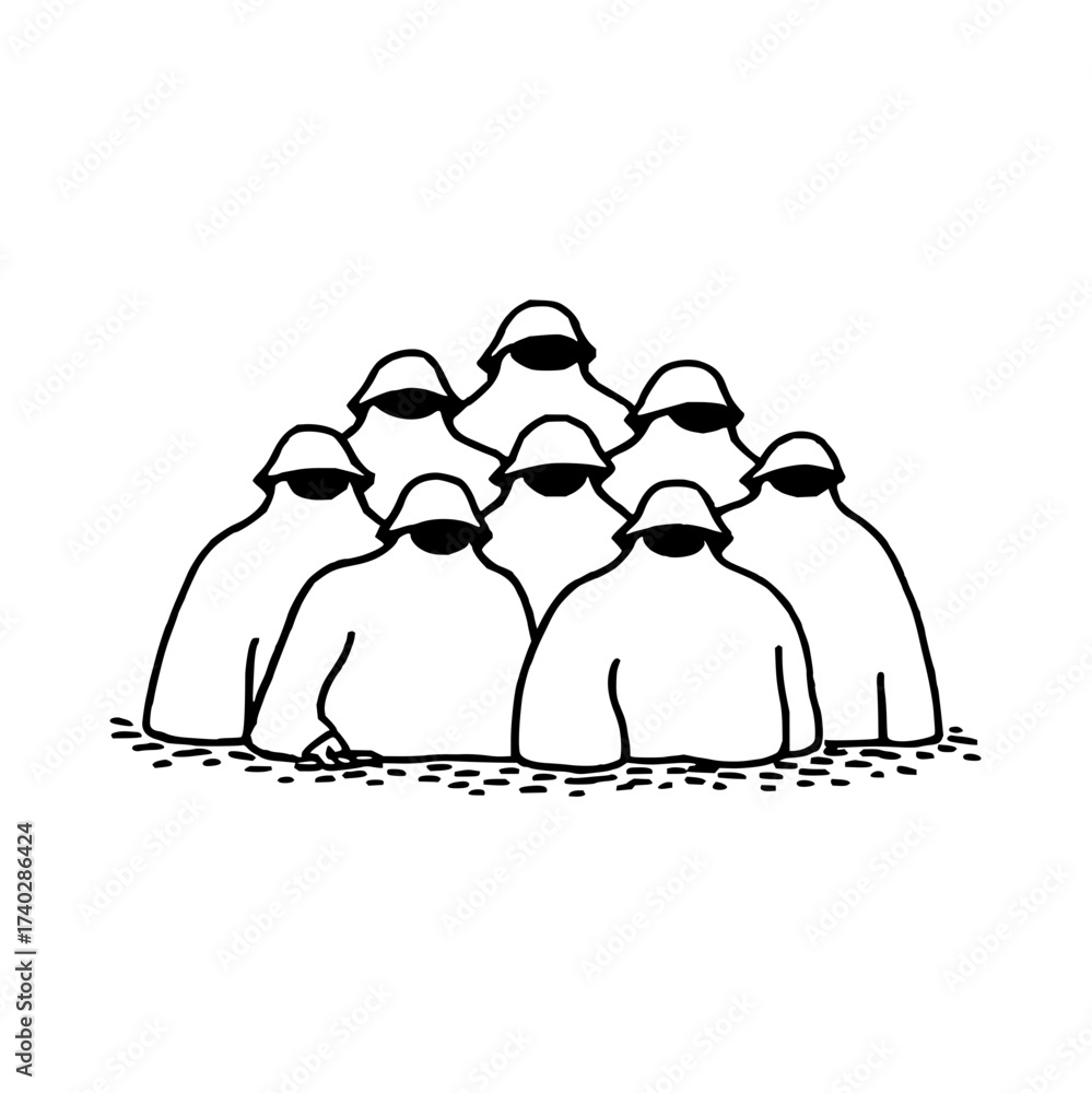 Obraz premium A clustered group of nine figures draped in white cloth with dark shaded faces and hats in a simple drawing