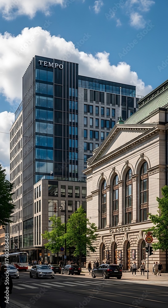 Fototapeta premium Modern Building Next to Historic Architecture.