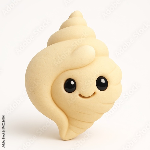 Cute 3D cartoon seashell character with big eyes and smile, isolated on white background