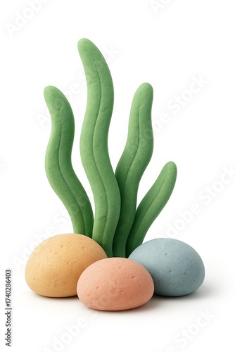 3D clay seaweed and colorful stones, minimalist ocean decoration on white background