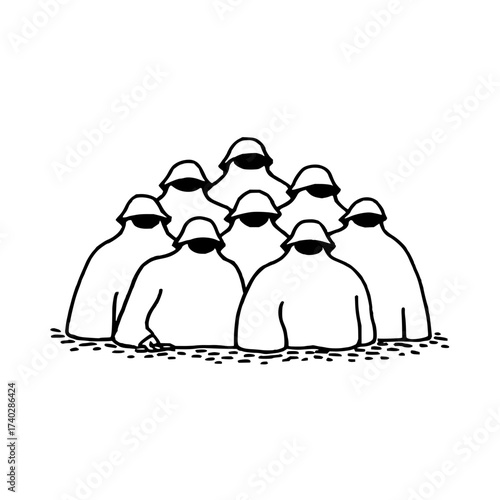 A clustered group of nine figures draped in white cloth with dark shaded faces and hats in a simple drawing