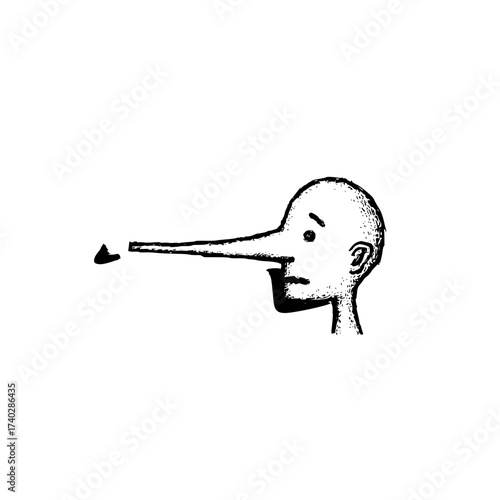 Sketch of a bald head with a very long nose and a small object at the tip of the nose in black and white