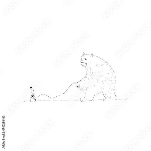 A lone figure walks towards a large white bear in a minimalist black and white illustration style image
