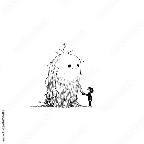 A whimsical drawing of a small child holding hands with a large fuzzy creature with branches on its head