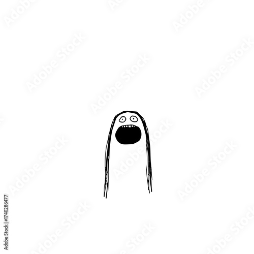 A simple black and white drawing of a cartoonish figure with long hair and a surprised expression looking up