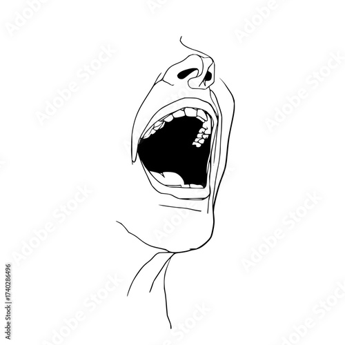 A sketch of a person's face looking upwards with their mouth wide open showing teeth and throat detail