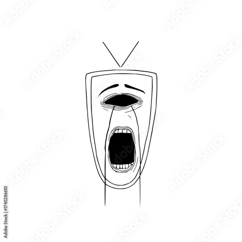 A stylized drawing of a mask with an open mouth and a single eye with tears streaming down its face